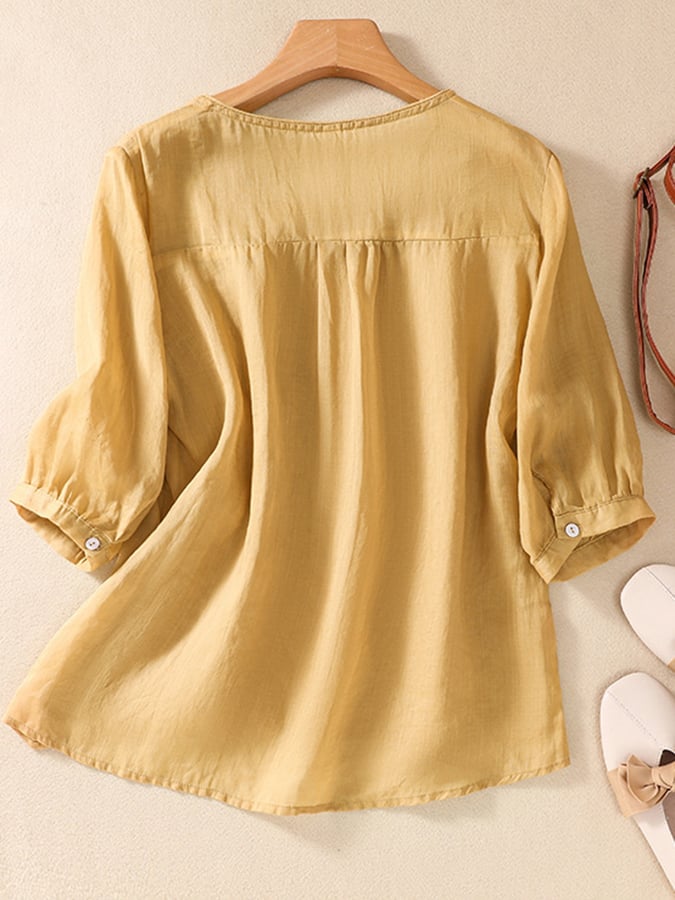 Lovevop Solid Color Round Neck Embroidered Casual Top