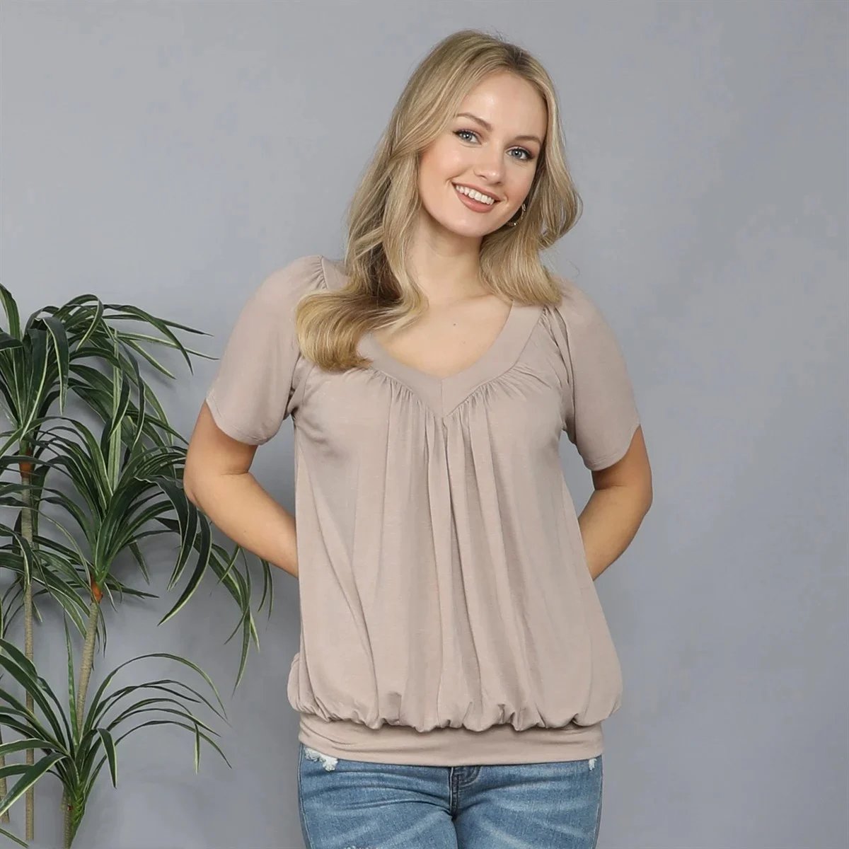 Solid Color Pleat Design T-shirt Top