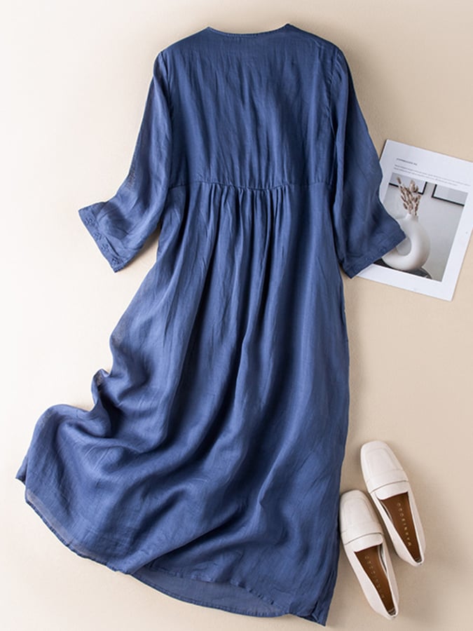 Lovevop Vintage Cotton And Linen V-Neck Embroidered Long Sleeved Dress