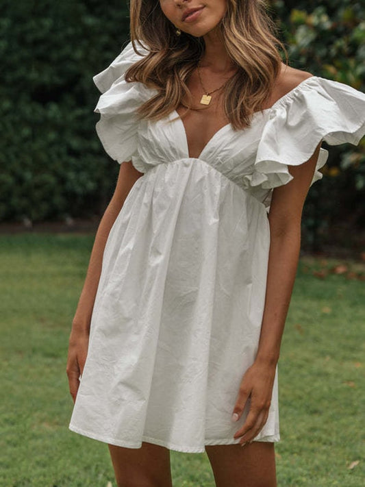 Women'S Solid Color V Neck Ruffled Sleeve Dress