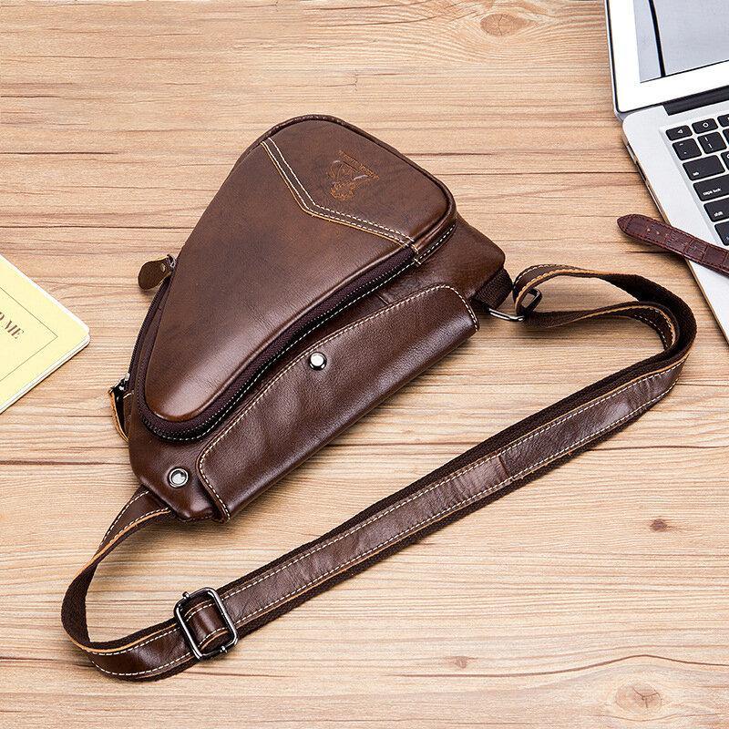 lovevop Men Genuine Leather Cowhide Triangle Shape Fashion Retro Business Shoulder Bag Chest Bag