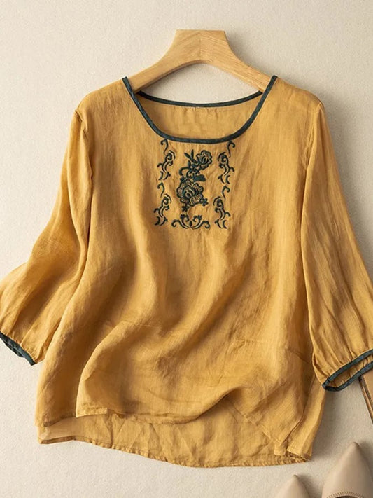 Lovevop Cotton Vintage Contrast Embroidery Solid Color Shirt