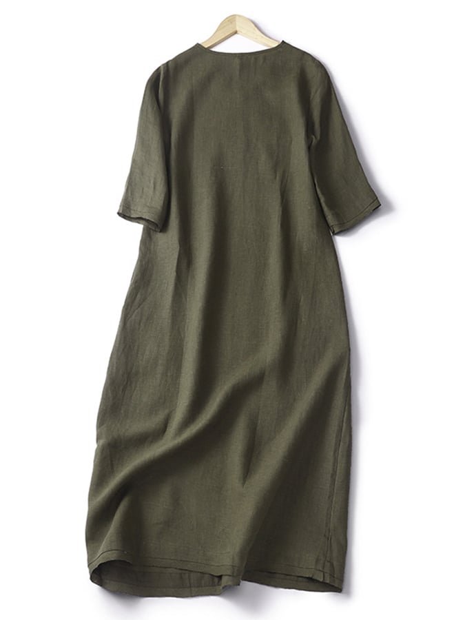 Lovevop Cotton And Linen Retro Solid Color Loose And Simple Straight Tube Dress