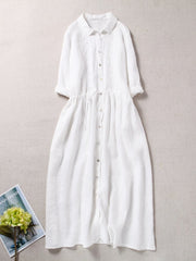Lovevop 3/4 Sleeves Cotton Linen Loose And Slim Embroidered Dress