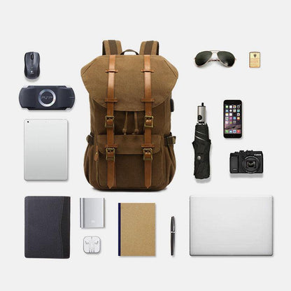 lovevop Men Genuine Leather And Canvas USB Charging Retro Travel Outdoor Large Capacity Backpack