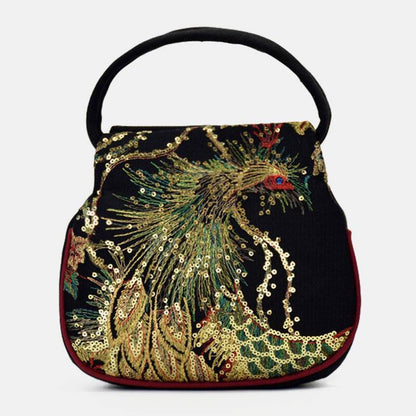 lovevop Women Canvas Ethnic Style Embroidery Peacock Pattern Casual Elegant Mini Ladies Handbag