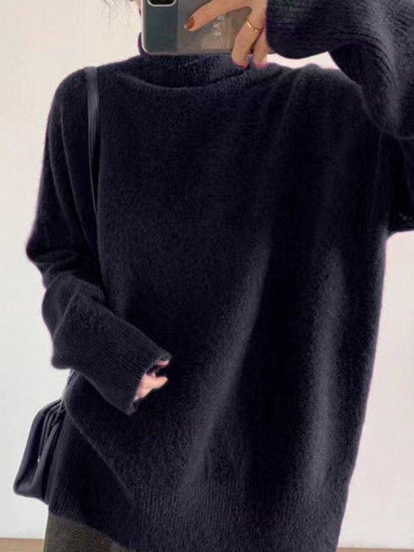 lovevop Casual Long Sleeves Loose Solid Color High-Neck Sweater Tops