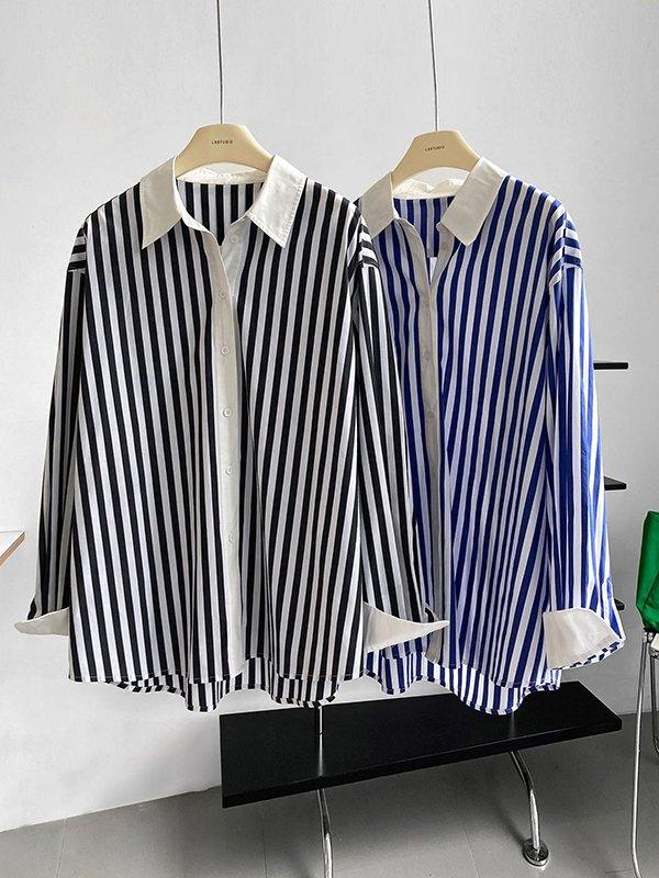 lovevop Simple Long Sleeves Contrast Color Striped Lapel Blouse Top