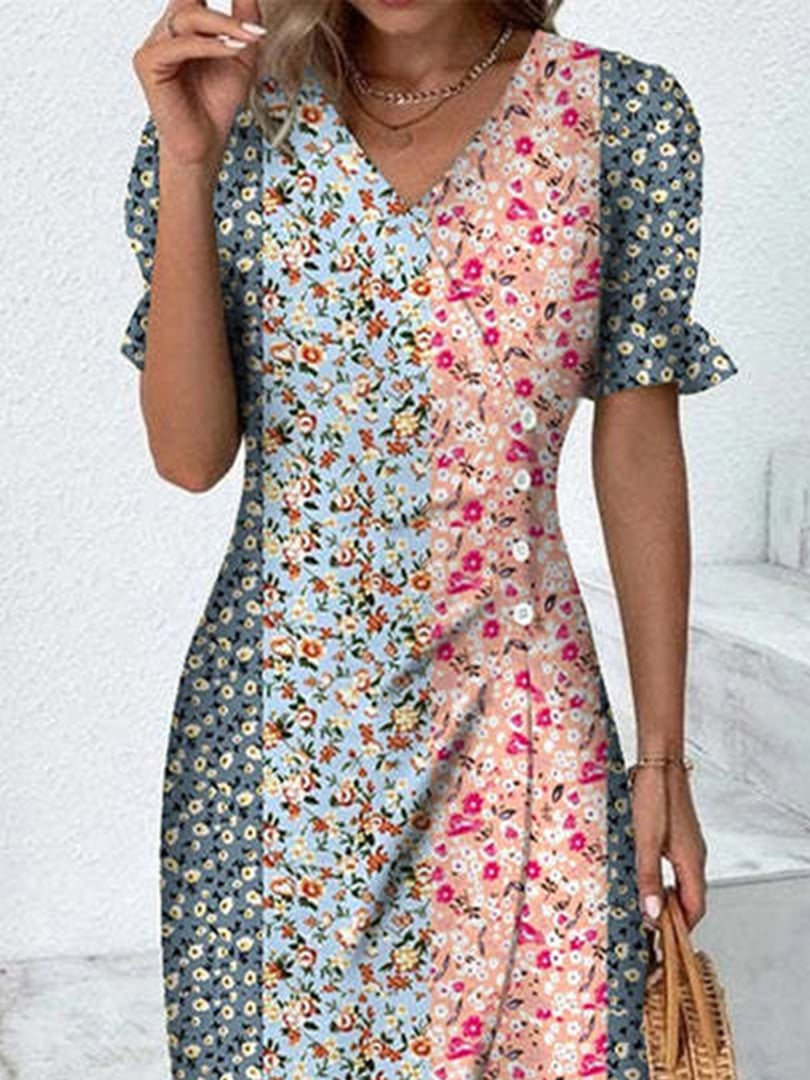 Printed Collage Bubble Sleeve Irregular Hem Dress