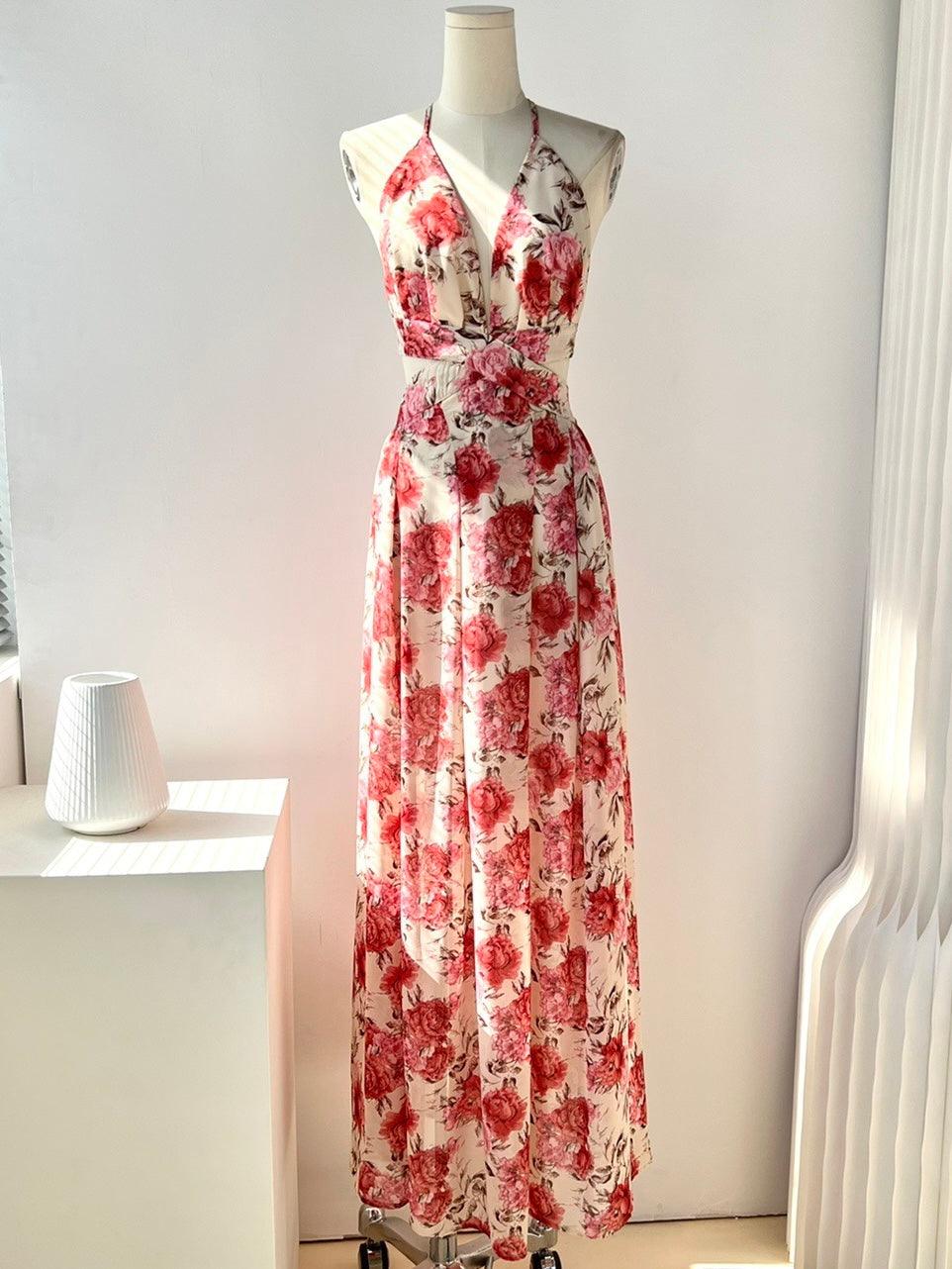 lovevop Pink Rose Floral V-Neck Long Dress