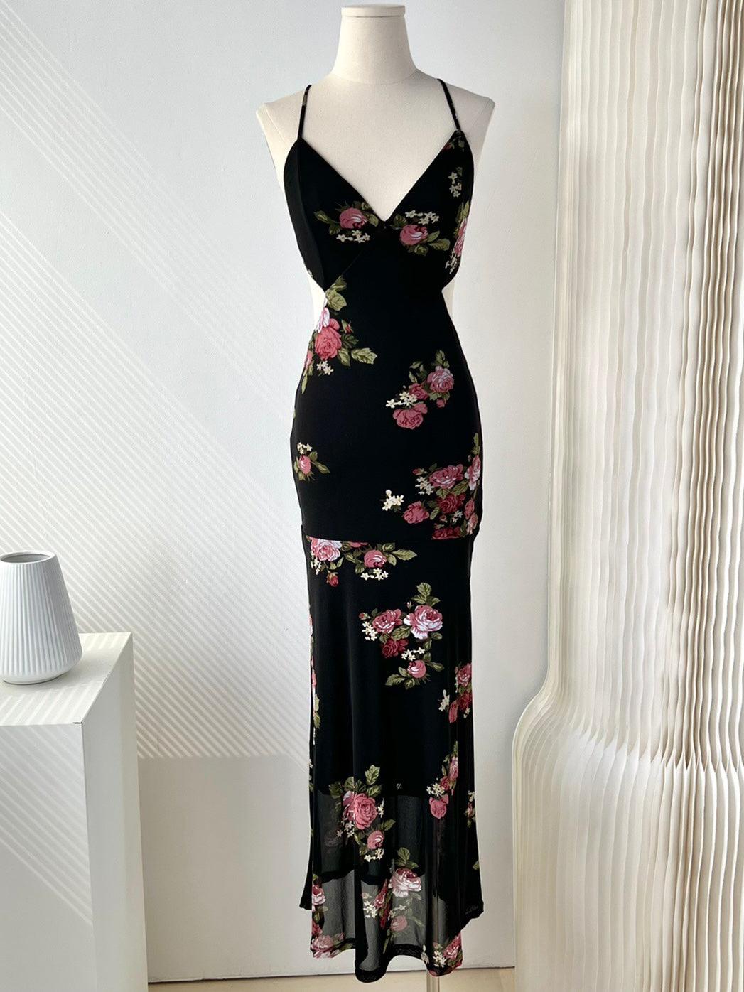 lovevop Vintage Rose Floral Backless Black Long Dress