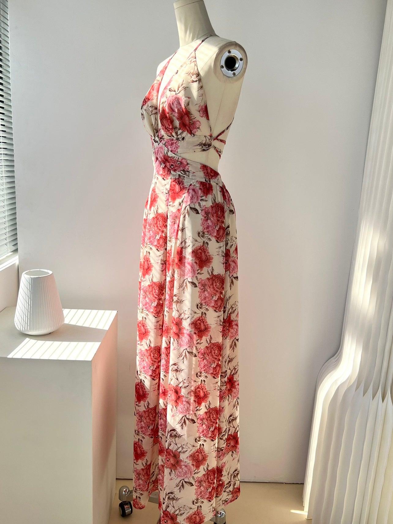 lovevop Pink Rose Floral V-Neck Long Dress