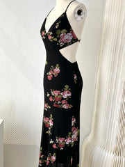 lovevop Vintage Rose Floral Backless Black Long Dress