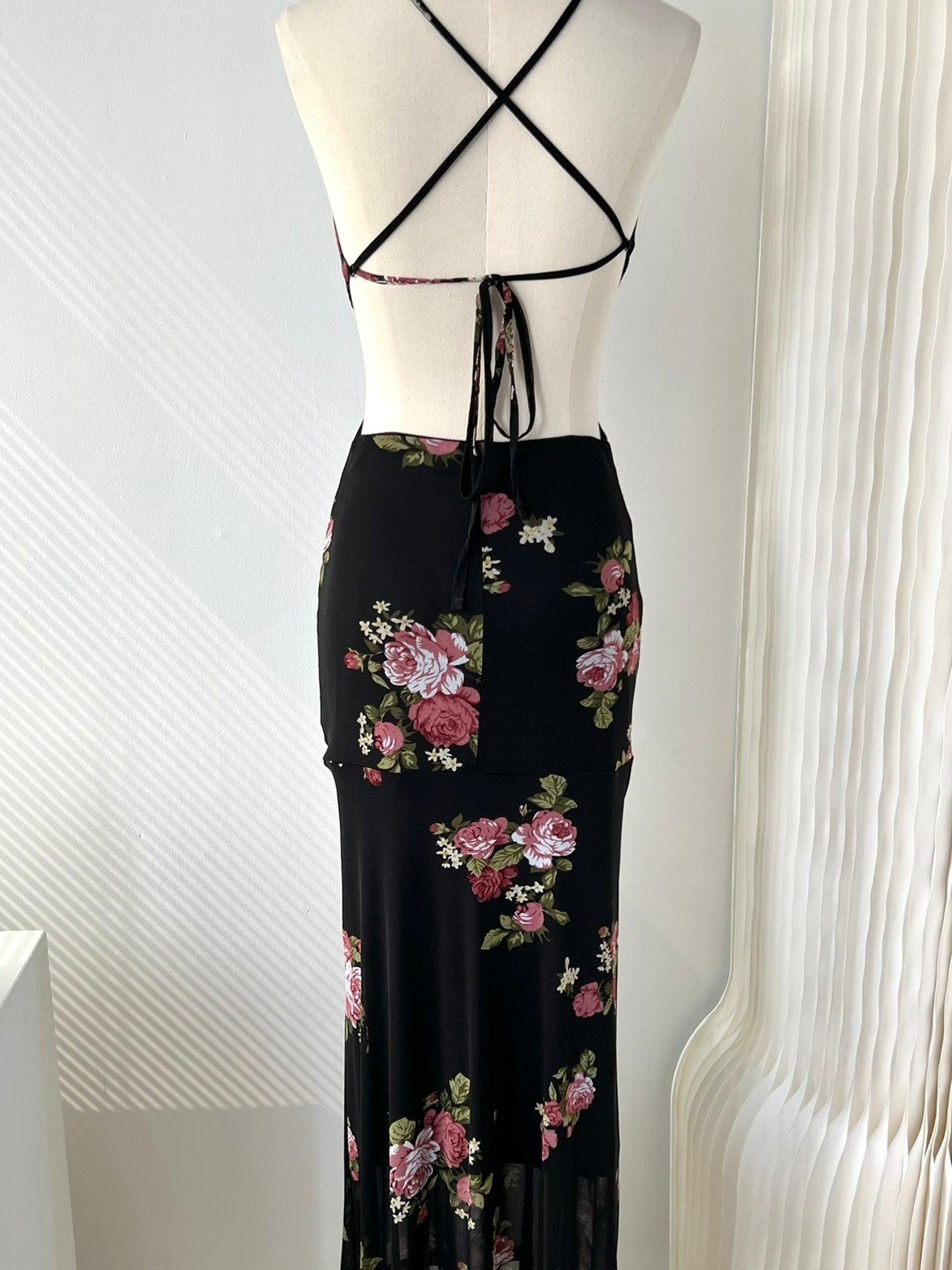 lovevop Vintage Rose Floral Backless Black Long Dress