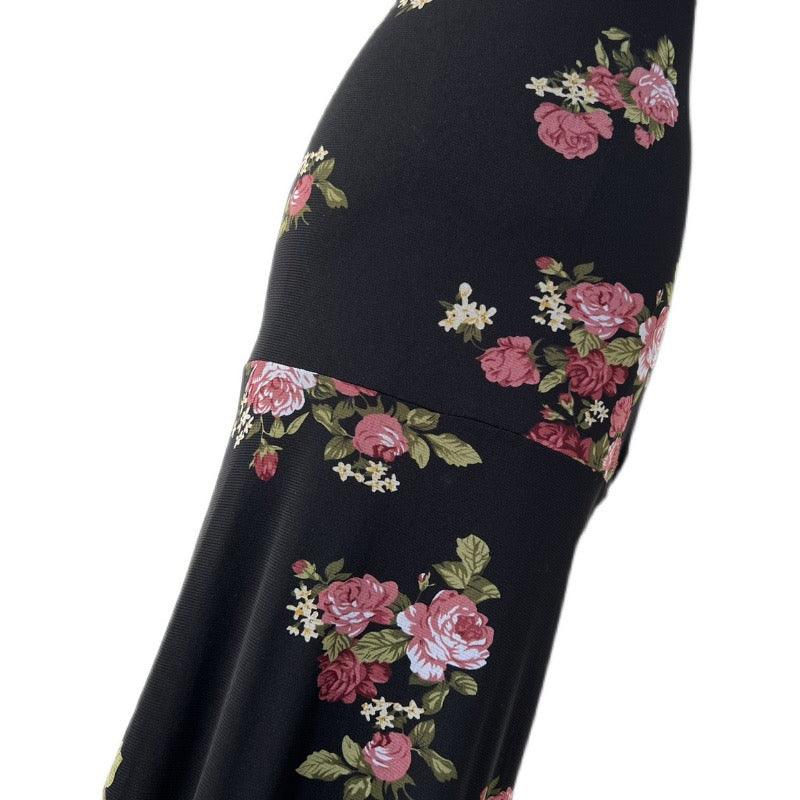 lovevop Vintage Rose Floral Backless Black Long Dress