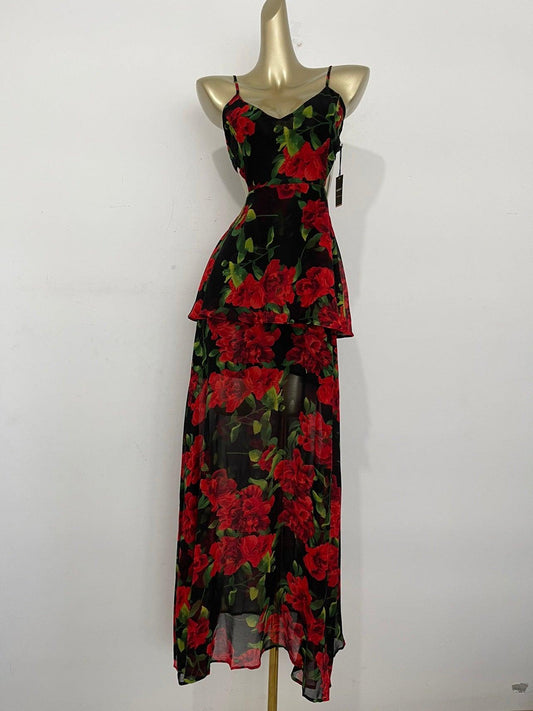 lovevop Red Rose Floral V-Neck Long Dress