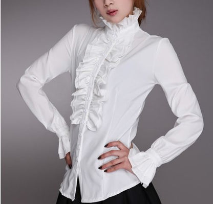 lovevop Fashion Victorian Blouses Women OL Office Ladies White Shirt High Neck Frilly Ruffle Cuffs Shirts Female Blouse