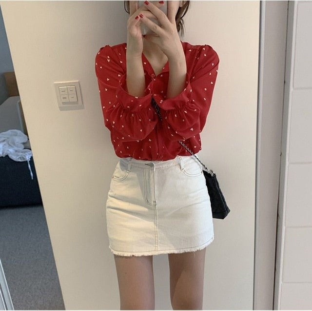 lovevop Spring Women Chiffon Shirt Korean Fashion Long Sleeve White Shirts Women Streetwear Office Blouse Elegant Lady Heart Print Tops