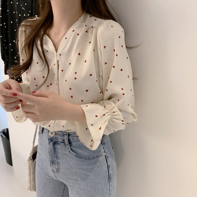 lovevop Spring Women Chiffon Shirt Korean Fashion Long Sleeve White Shirts Women Streetwear Office Blouse Elegant Lady Heart Print Tops