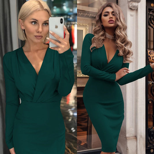 Women Vintage Sexy Bodycon Slim Party Dress Long Sleeve Deep V neck Solid Casual Elegant Dress 2024 Winter New Fashion Dress