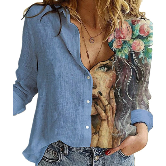 lovevop Lizakosht  Fashion Retro Portrait Floral Print Women Shirt  Autumn Stitching Button Long Sleeve Cotton Linen Blouses Casual Street Lady Top