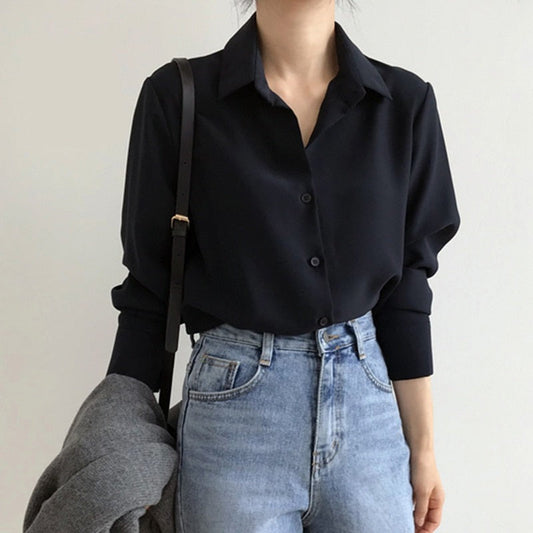 lovevop Lizakosht Summer New Arrival Women Solid Black Chiffon Blouse Long Sleeve Casual Shirt Women's Korean BF Style Chic Tops Feminina Blusa T0