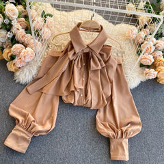 lovevop Spring Autumn New Blouse Women Halter Scheming Halter Shirt Bowknot Lapel Puff Sleeve Female Top C031