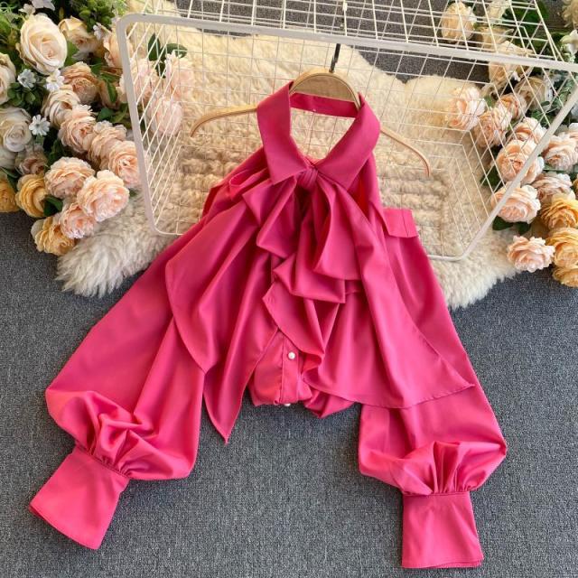 lovevop Spring Autumn New Blouse Women Halter Scheming Halter Shirt Bowknot Lapel Puff Sleeve Female Top C031