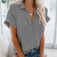 lovevop Gentillove Summer Office Lady Solid Tops and Blouses Casual Turn-drow Collar Shirt for Women Elegant Short Sleeve Loose Blouse