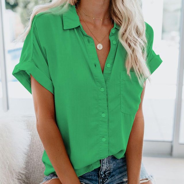 lovevop Gentillove Summer Office Lady Solid Tops and Blouses Casual Turn-drow Collar Shirt for Women Elegant Short Sleeve Loose Blouse