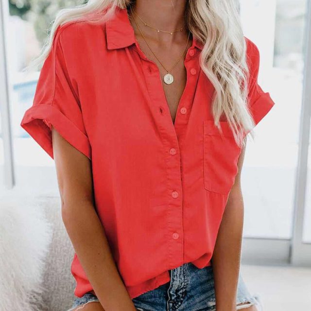 lovevop Gentillove Summer Office Lady Solid Tops and Blouses Casual Turn-drow Collar Shirt for Women Elegant Short Sleeve Loose Blouse