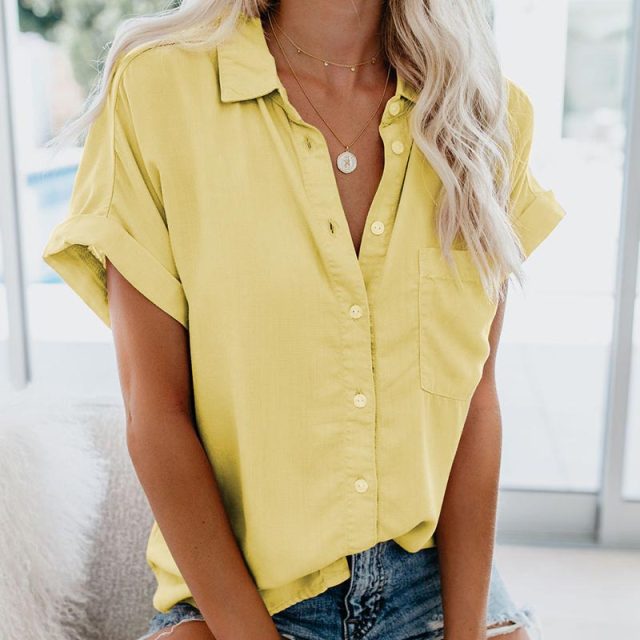 lovevop Gentillove Summer Office Lady Solid Tops and Blouses Casual Turn-drow Collar Shirt for Women Elegant Short Sleeve Loose Blouse