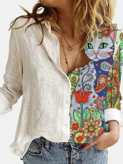 lovevop NEW Fashion Stitching Retro Cat Print Long Sleeve Blouse Spring Autumn Lapel Button Casual Top Lady S-3XL Cotton Polyester Shirt