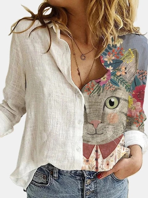 lovevop NEW Fashion Stitching Retro Cat Print Long Sleeve Blouse Spring Autumn Lapel Button Casual Top Lady S-3XL Cotton Polyester Shirt