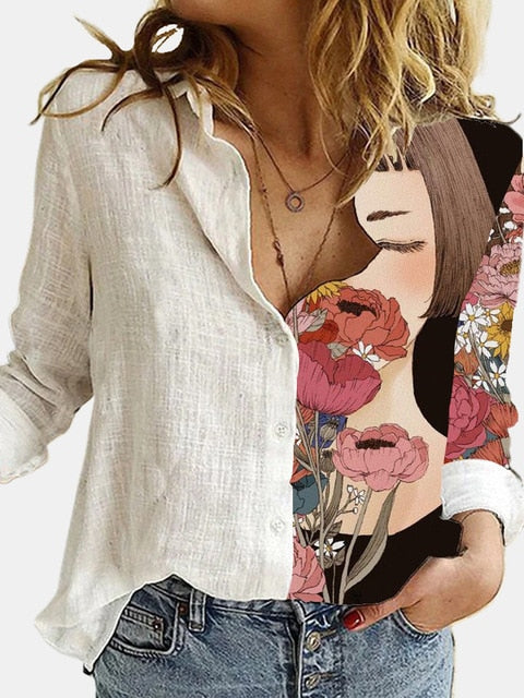 lovevop NEW Fashion Stitching Retro Cat Print Long Sleeve Blouse Spring Autumn Lapel Button Casual Top Lady S-3XL Cotton Polyester Shirt