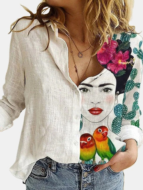 lovevop NEW Fashion Stitching Retro Cat Print Long Sleeve Blouse Spring Autumn Lapel Button Casual Top Lady S-3XL Cotton Polyester Shirt