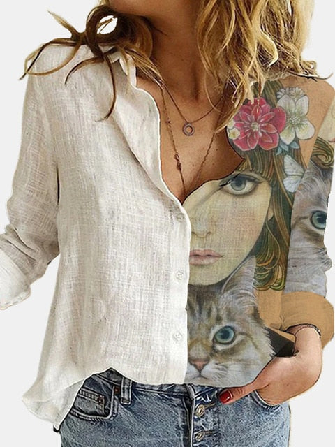 lovevop NEW Fashion Stitching Retro Cat Print Long Sleeve Blouse Spring Autumn Lapel Button Casual Top Lady S-3XL Cotton Polyester Shirt