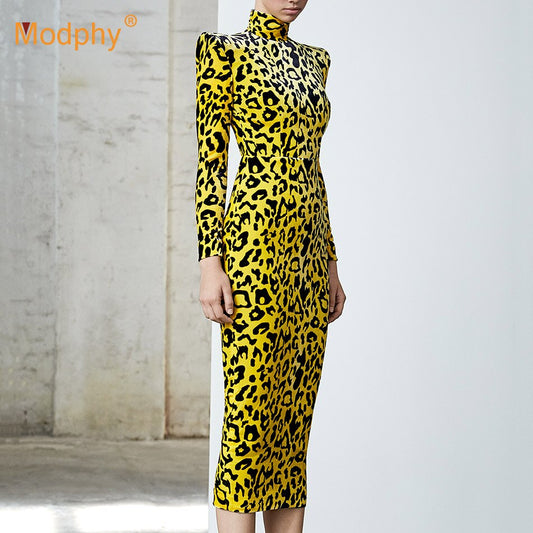 2024 Winter New Fashion Leopard Print Long Dress Elegant Women Long Sleeve Bodycon Dress Celebrity Evening Party Runway Vestidos