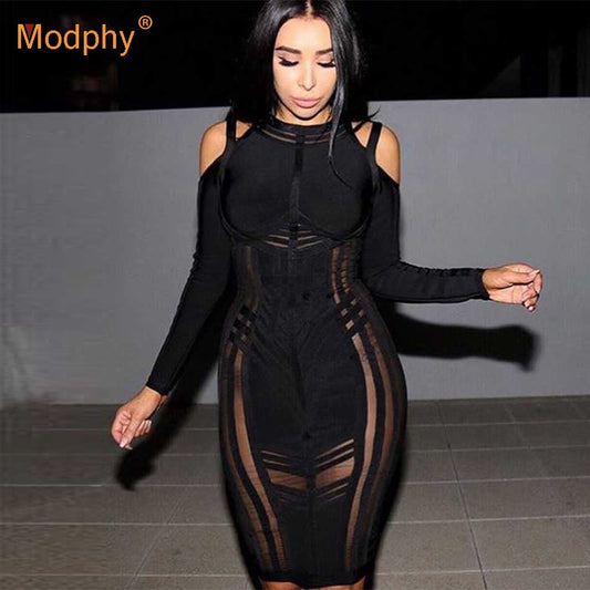 2024 Winter New Women Bandage Dress Bodycon Striped Celebrity Party White Black Hollow Out Mesh Christmas Dresses Vestidos