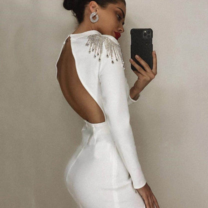 New Diamond Tassel Bandage Long Dress Women Sexy Backless Split Bodycon Celebrity Party Evening Runway Vestidos 2024 Fashion