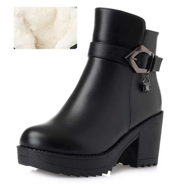 Ladies Ankle Boots 2024 New Genuine Leather Women Winter Boots Trend Warm Wool Womens Dress Boots High Heel Snow Boots