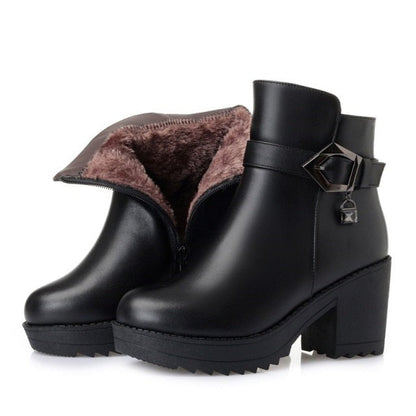 Ladies Ankle Boots 2024 New Genuine Leather Women Winter Boots Trend Warm Wool Womens Dress Boots High Heel Snow Boots