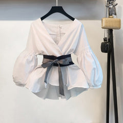 lovevop Lizakosht Lantern Sleeve Blouse Shirt Women Fashion Korean Style Summer Bow V-neck Striped Shirt Elegant Ladies Tops Female Clothing