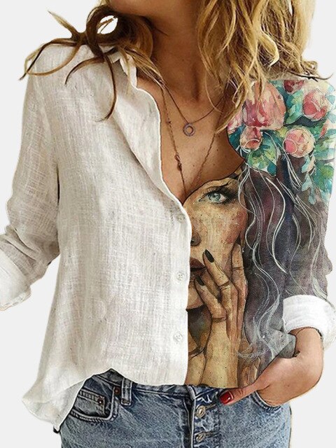 lovevop Lizakosht  Fashion Retro Portrait Floral Print Women Shirt  Autumn Stitching Button Long Sleeve Cotton Linen Blouses Casual Street Lady Top