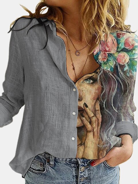 lovevop Lizakosht  Fashion Retro Portrait Floral Print Women Shirt  Autumn Stitching Button Long Sleeve Cotton Linen Blouses Casual Street Lady Top