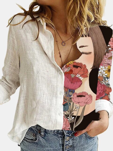 lovevop Lizakosht  Fashion Retro Portrait Floral Print Women Shirt  Autumn Stitching Button Long Sleeve Cotton Linen Blouses Casual Street Lady Top