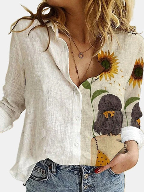 lovevop Lizakosht  Fashion Retro Portrait Floral Print Women Shirt  Autumn Stitching Button Long Sleeve Cotton Linen Blouses Casual Street Lady Top