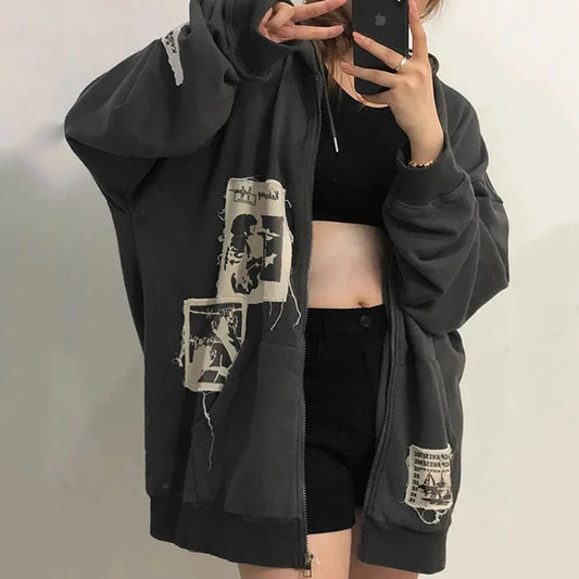 lovevop Winter women's street brown graffiti print zip vintage tops hoodie sweatshirts hoodies kawaii Blouse grunge y2k coats jackets