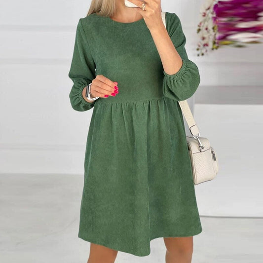 Women Vintage Corduroy A-line Party Dress Long Sleeve O neck Solid High Street Elegant Casual Dress 2024 Winter Fashion Dress