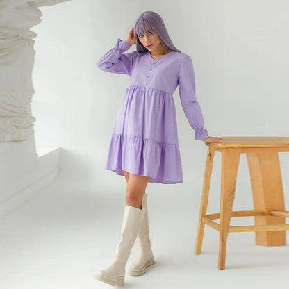 Women Vintage Front Button Ruffled A-line Party Dress Flare Sleeve Sexy V neck Purple Casual Dress 2024 Winter New Fashion Dress